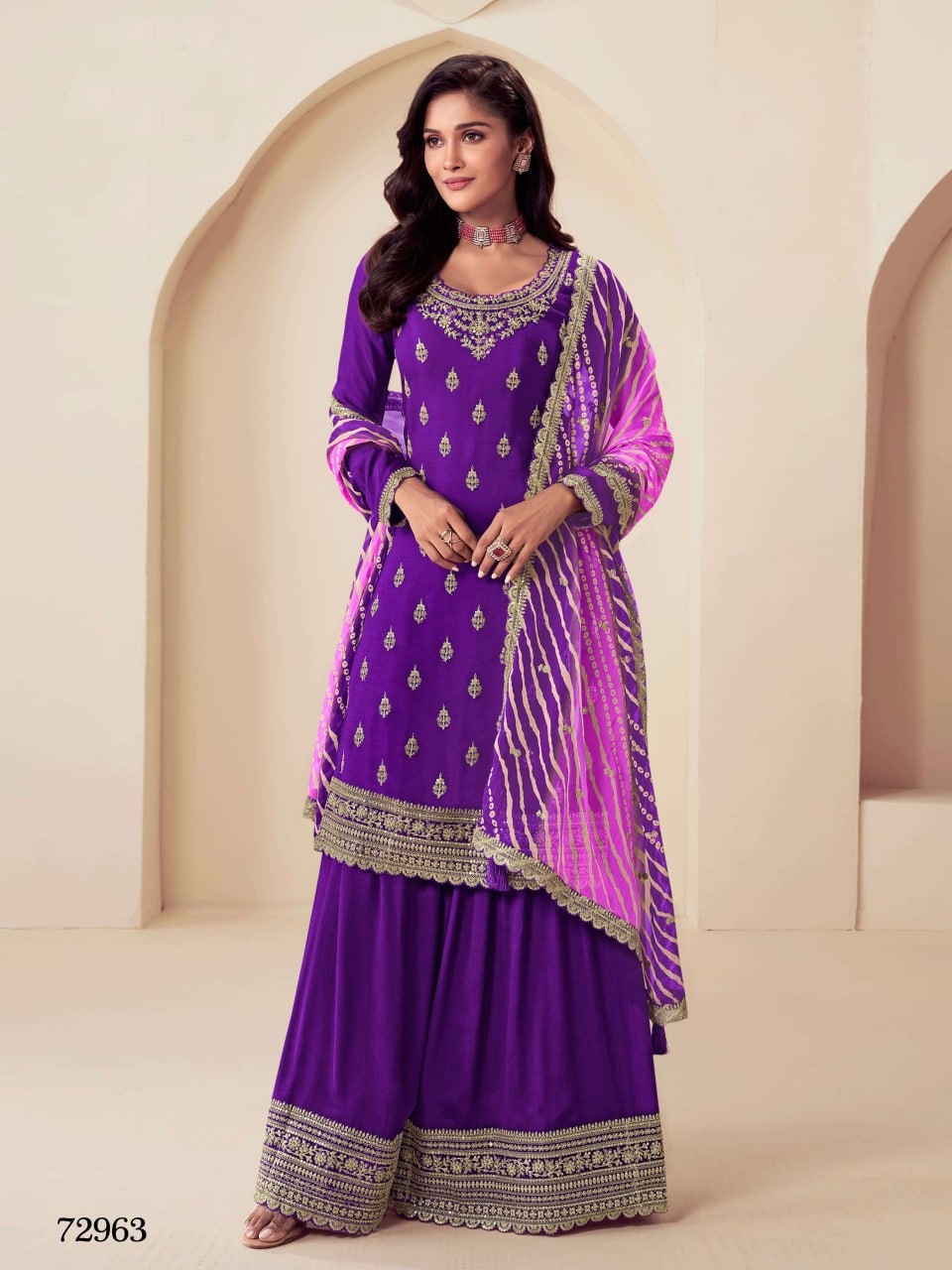 Heavy Chinon Semi-Stitched Embroidered Top & Plazo Set with Dupatta