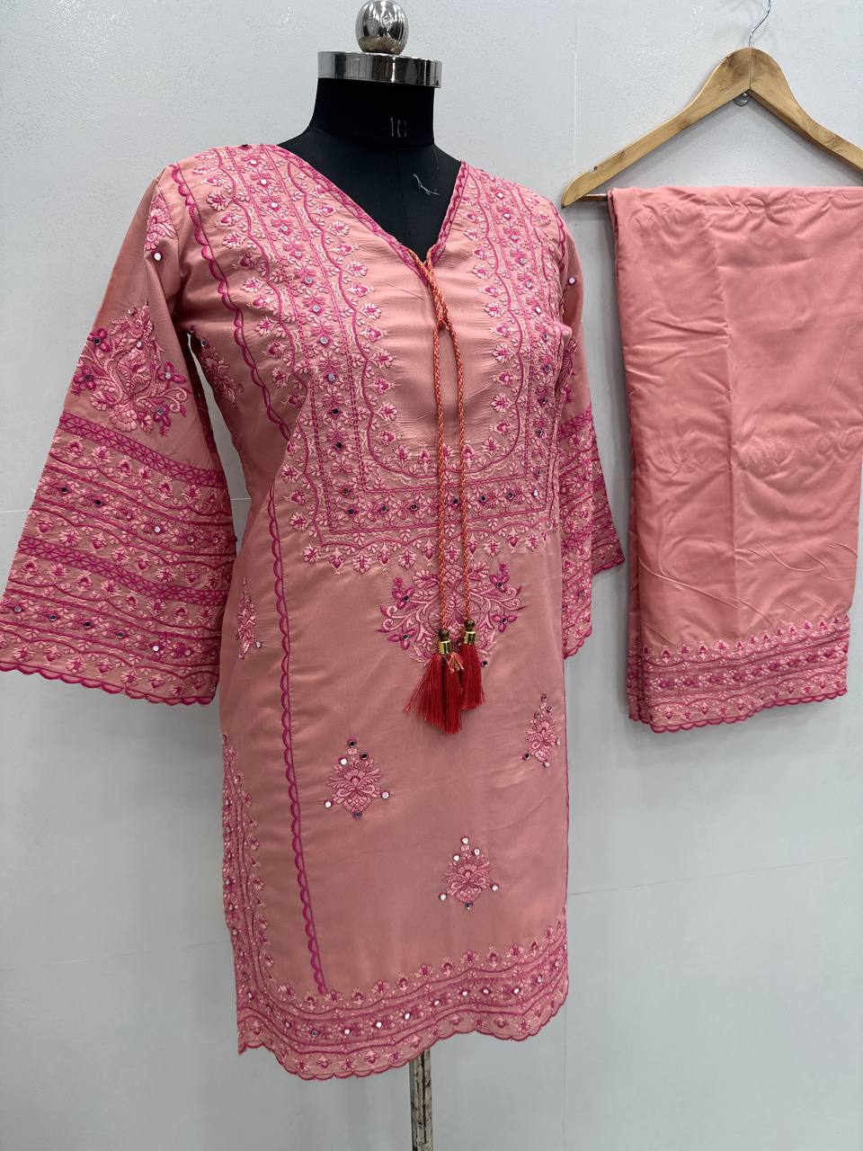 Heavy Cotton Embroidered Kurti & Plazzo Set with Real Mirror Handwork
