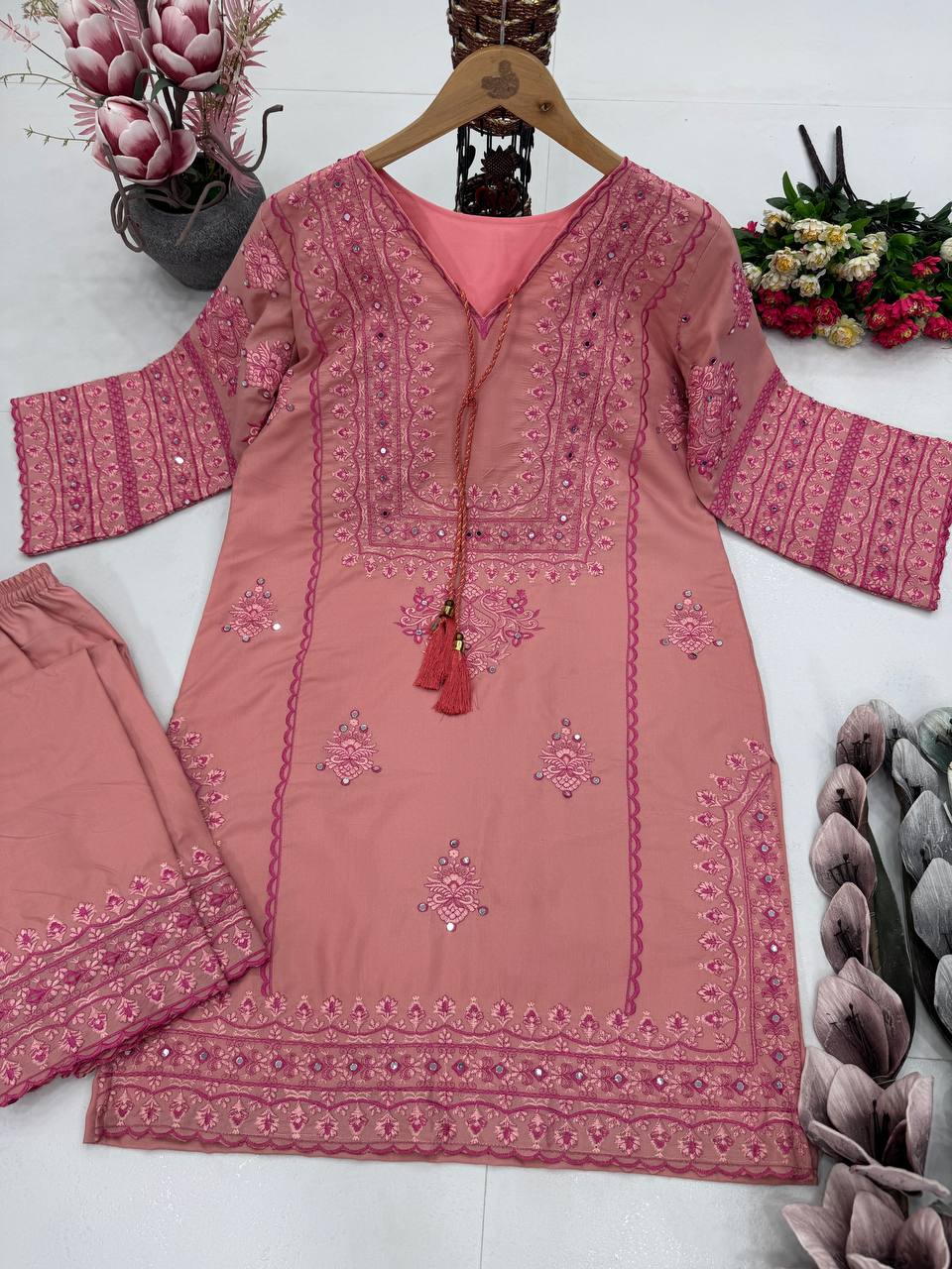 Heavy Cotton Embroidered Kurti & Plazzo Set with Real Mirror Handwork