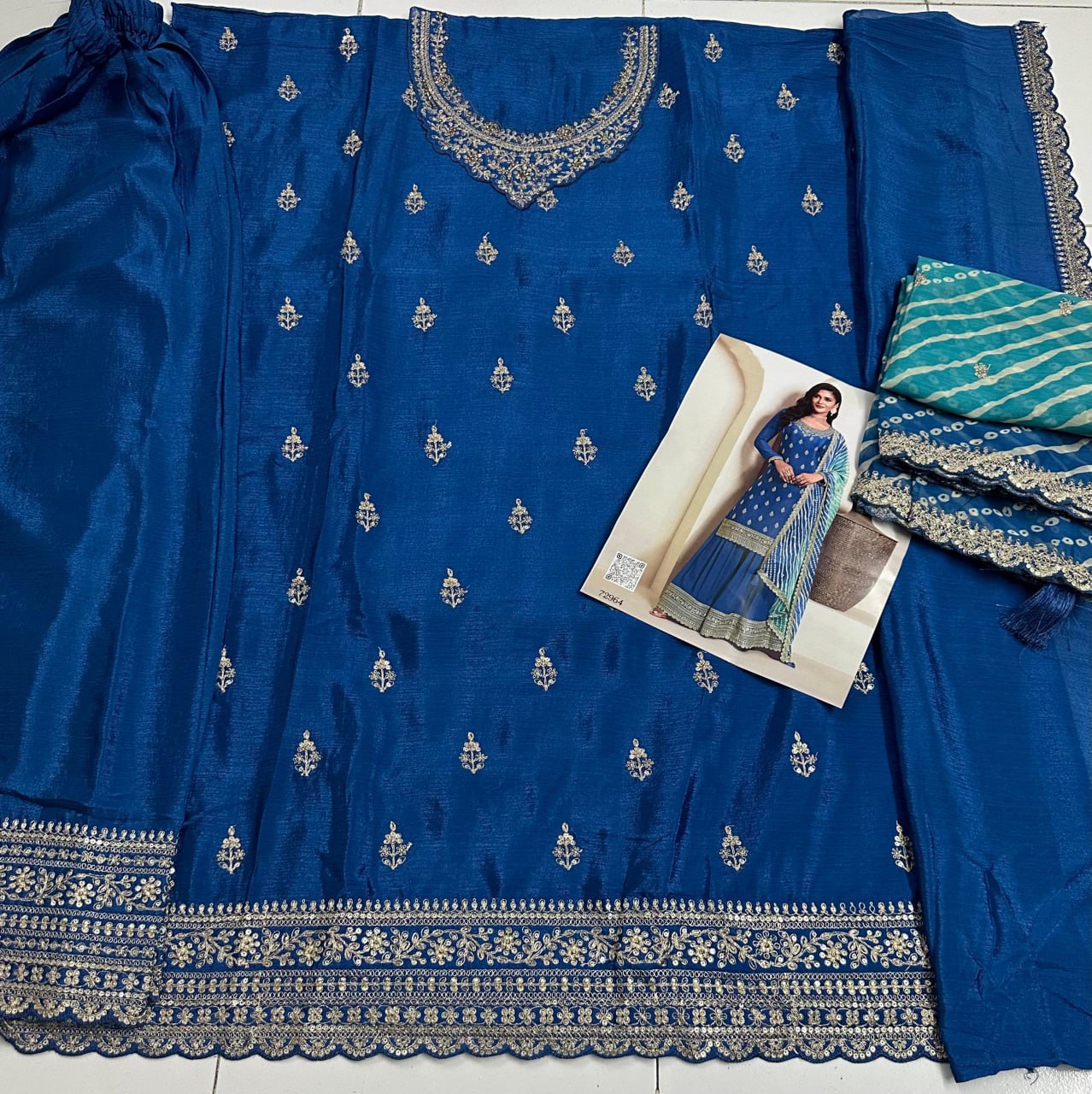Heavy Chinon Semi-Stitched Embroidered Top & Plazo Set with Dupatta