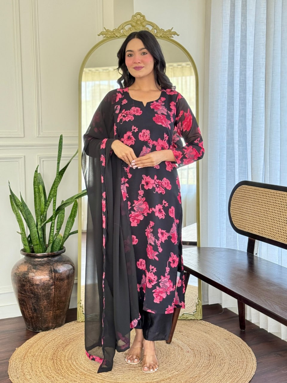 Elegant Georgette Top with Chanderi Silk Bottom & Dupatta Set