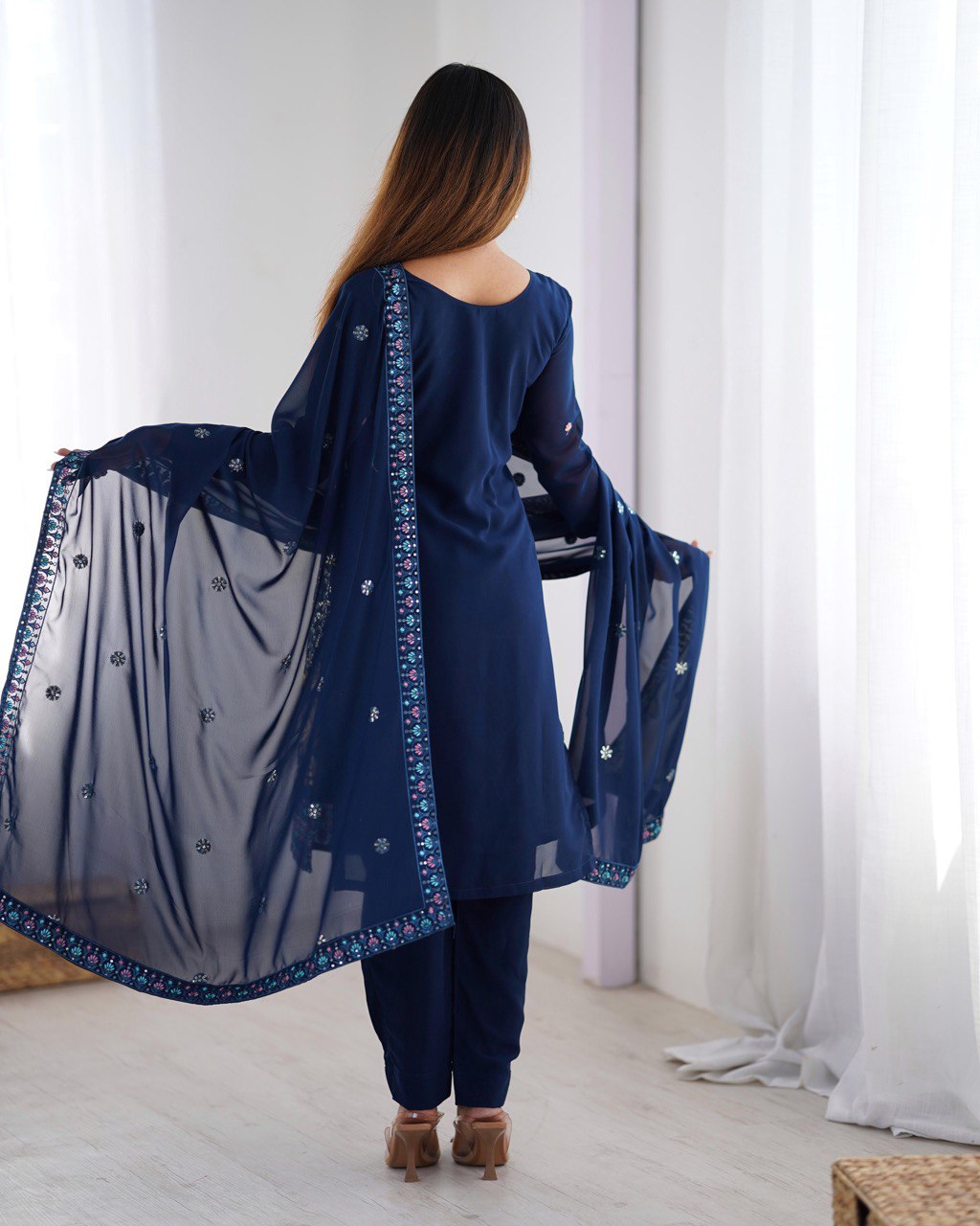 Designer Faux Georgette Suit with Real Mirror & Thread Work