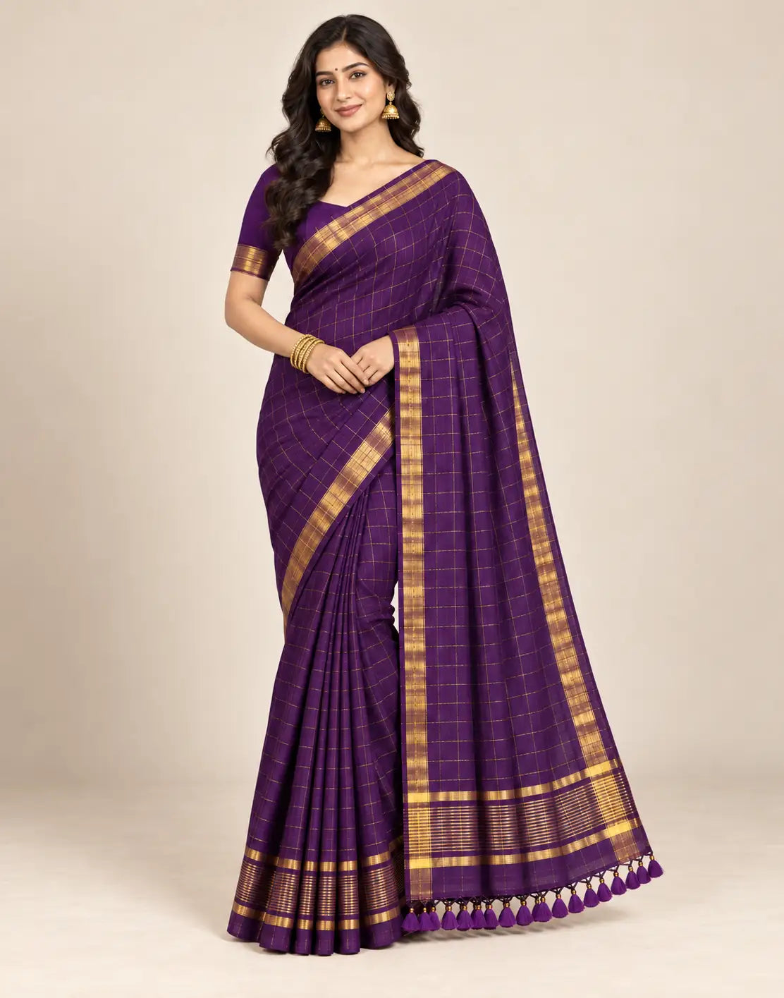 Checked Purple Silk Saree
