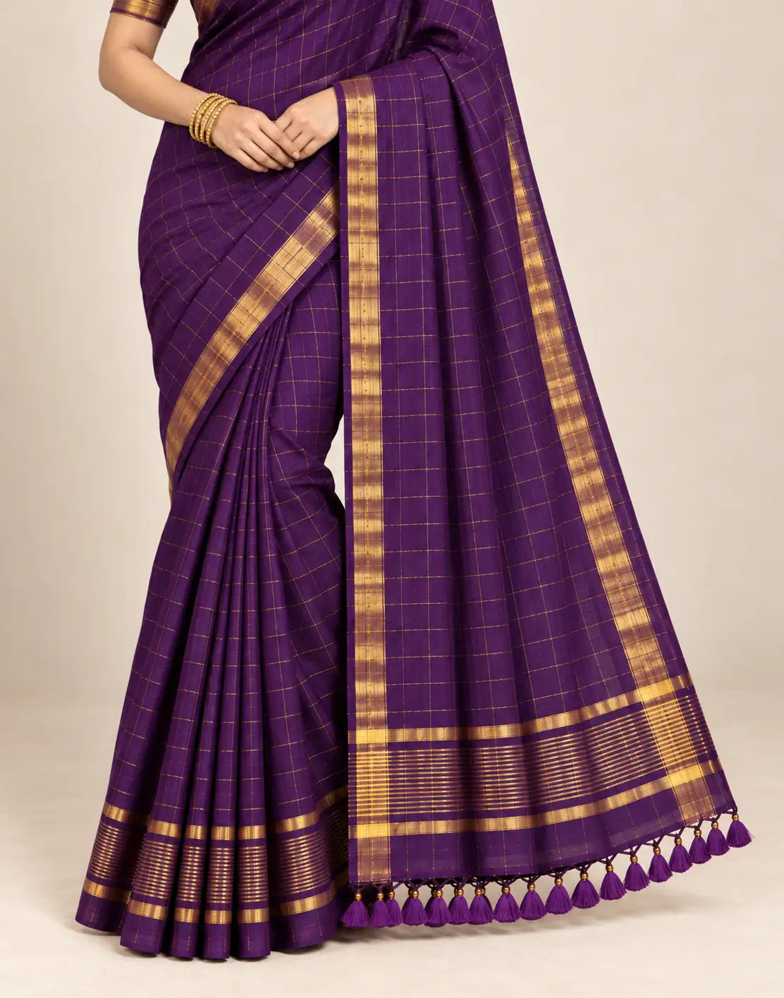 Checked Purple Silk Saree