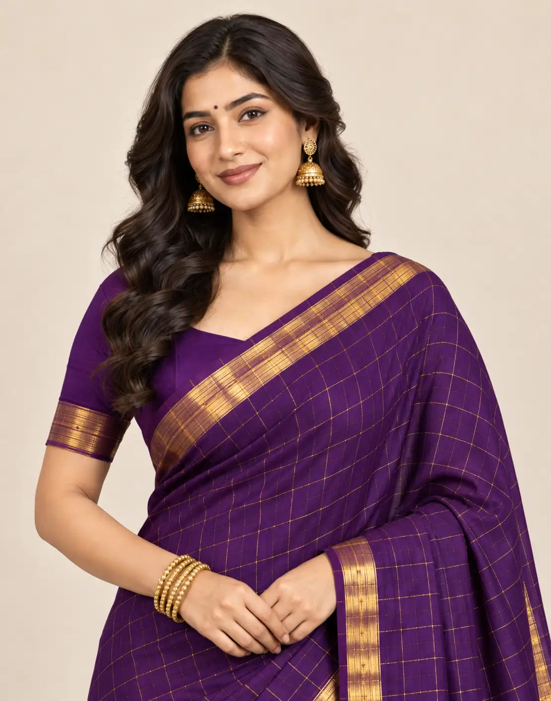 Checked Purple Silk Saree
