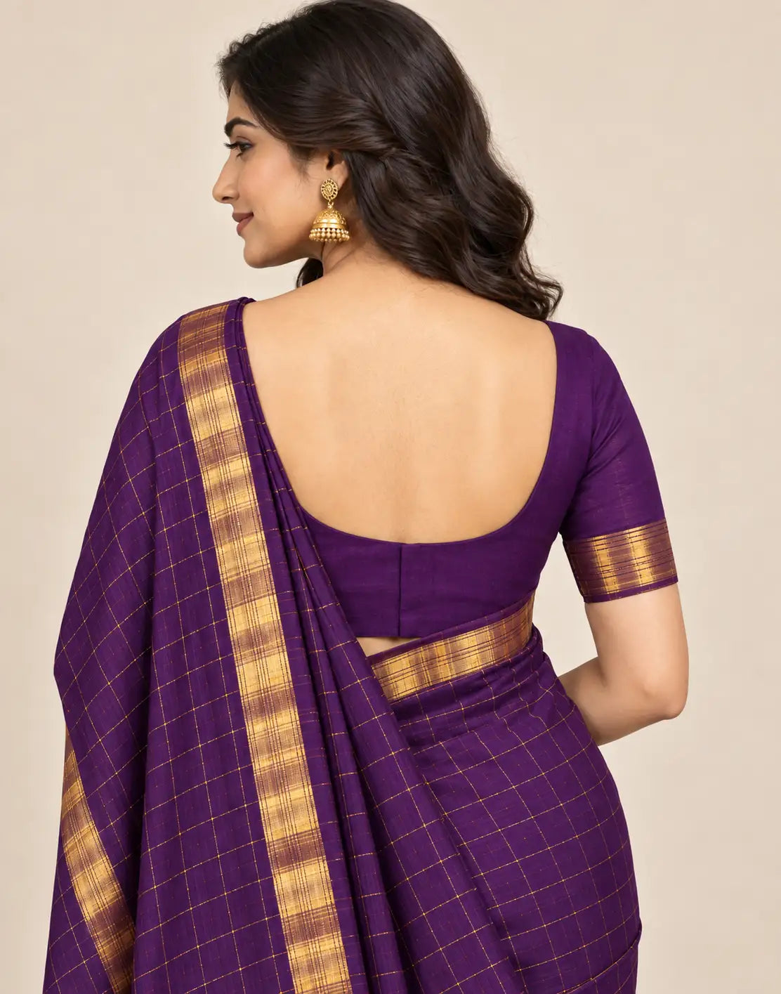 Checked Purple Silk Saree