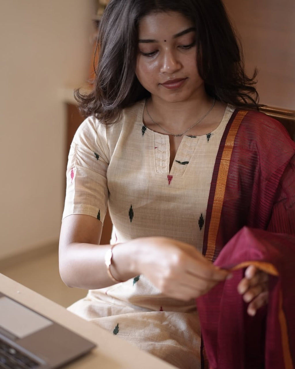 Ivory Ikkat Kurti with Maroon Dupatta