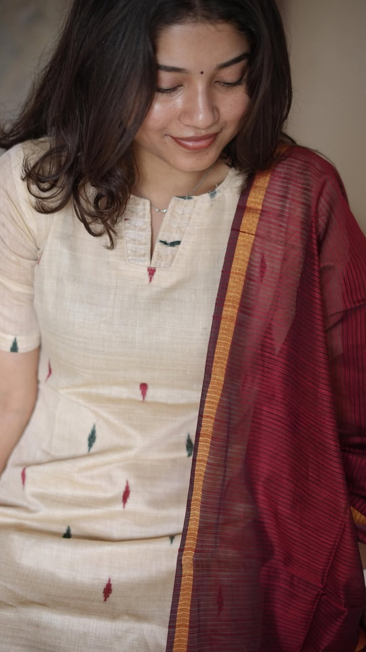 Ivory Ikkat Kurti with Maroon Dupatta