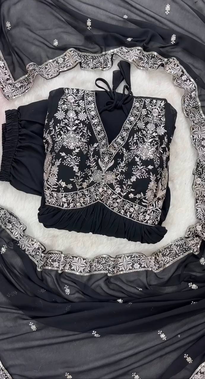 Black Embroidered Georgette Gown Set