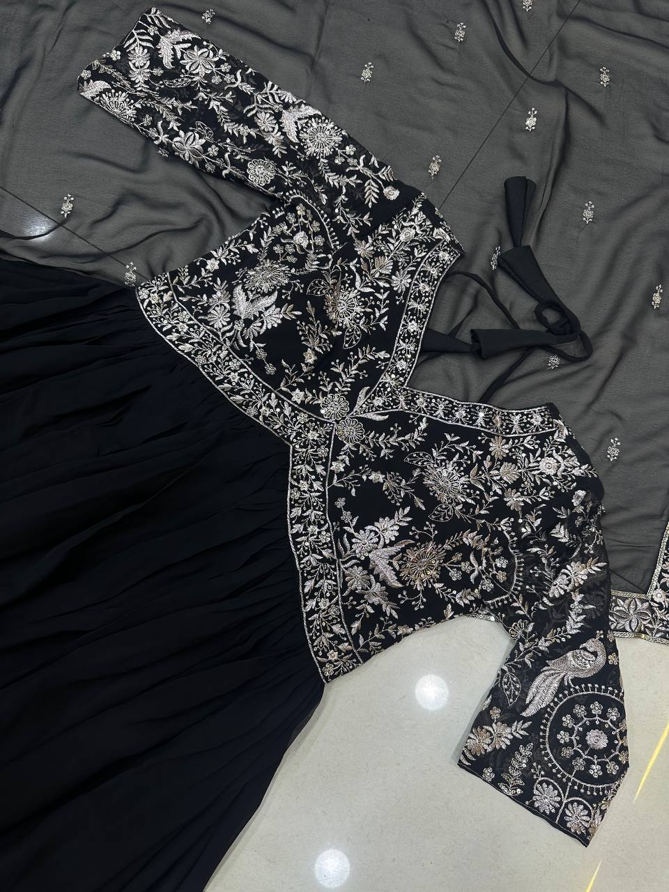 Black Embroidered Georgette Gown Set