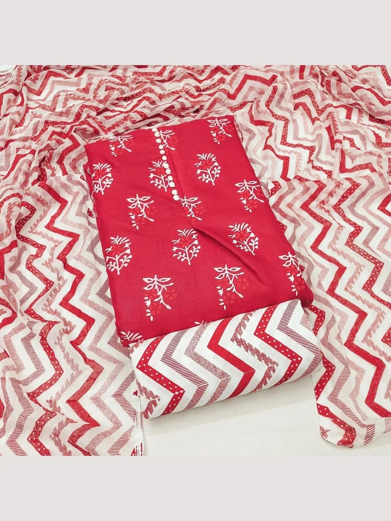 Buy Red Color Cotton Slub Print Dress Material Collection At Wholesale Rate